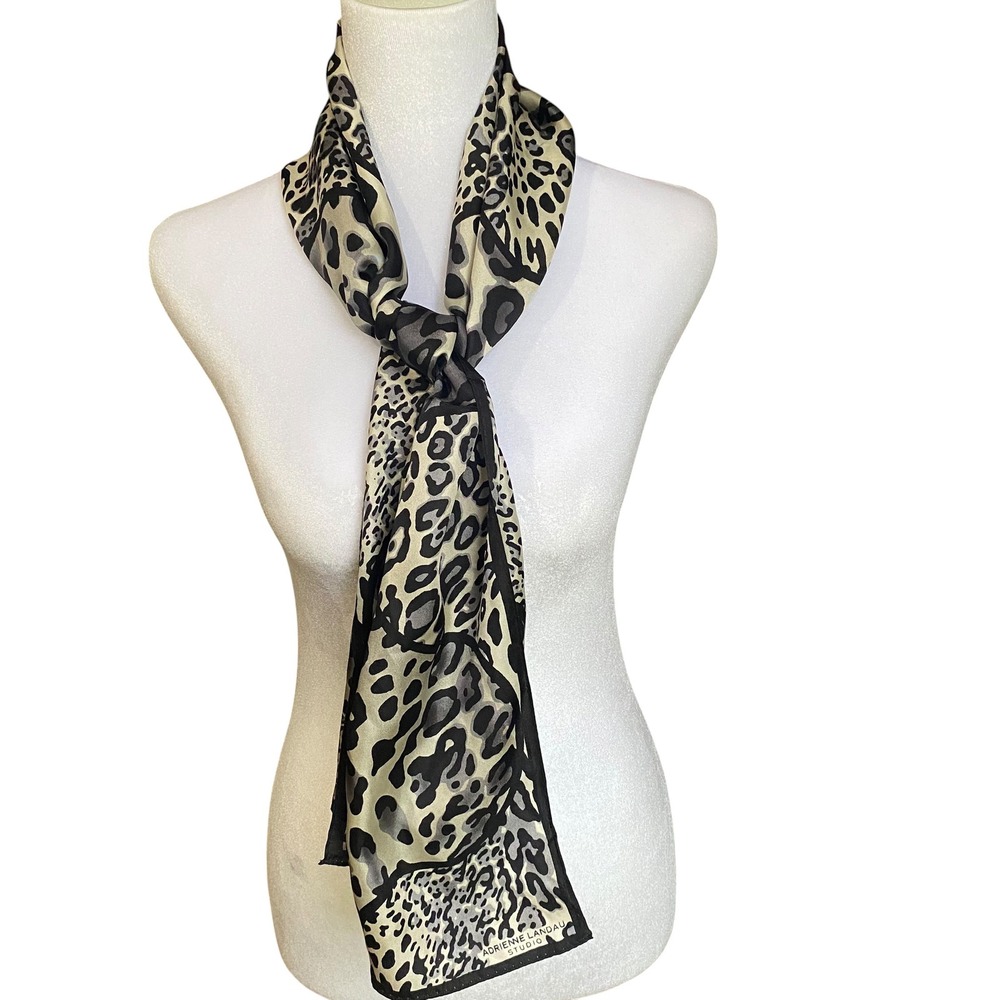 Adrienne Landau Studio Leopard Print Silk Scarf Black Grey Cream Animal Print 52